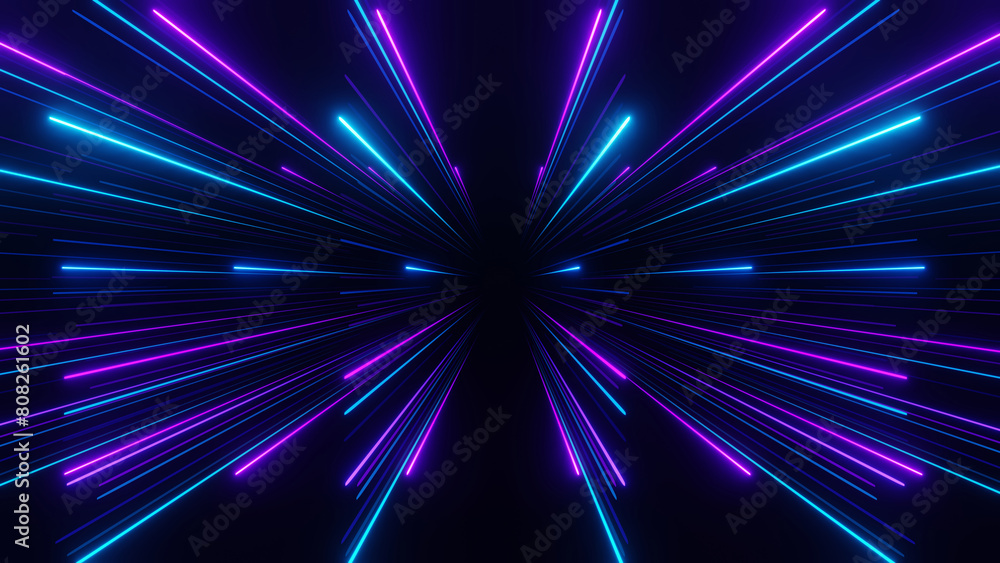 Naklejka premium 3d Render, Blue purple light line through dark background, hyper speed warp in space.