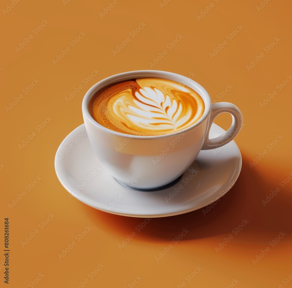 Realistic photo of cappuccino coffee in a white cup with beautiful latte art on top Realistic photo of cappuccino coffee in a white cup with beautiful latte art on top