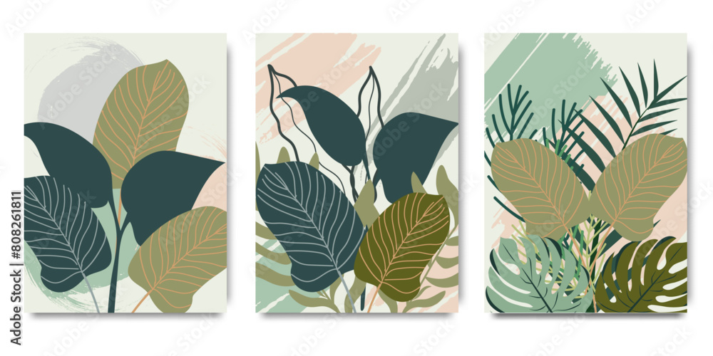 Botanical wall art vector set. Tropical foliage line art drawing with watercolor. Abstract Plant Art design for wall framed prints, canvas prints, poster, home decor, cover, wallpaper Botanical wall art vector set. Tropical foliage line art drawing with watercolor. Abstract Plant Art design for wall framed prints, canvas prints, poster, home decor, cover, wallpaper