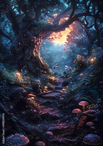 path woods mushrooms society moonlit candy forest moonbeams entertainment scenery fairy enchanted dreams night full moon magical flowers breathtaking