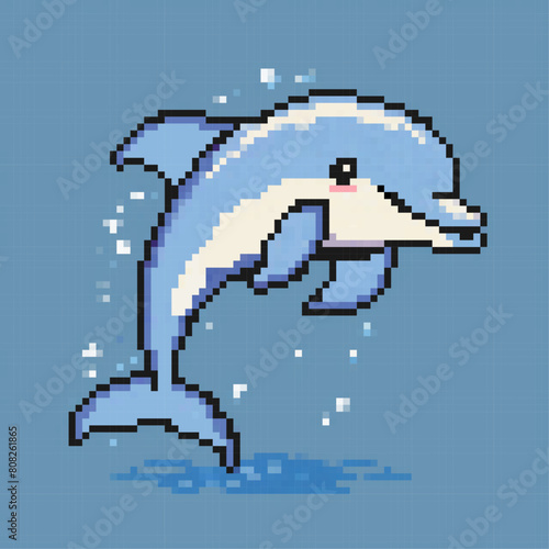 Pixeled Cartoon Dolphin character. Summer vacation icons set in pixel art design isolated on blue background, 80s-90s, digital vintage game style.