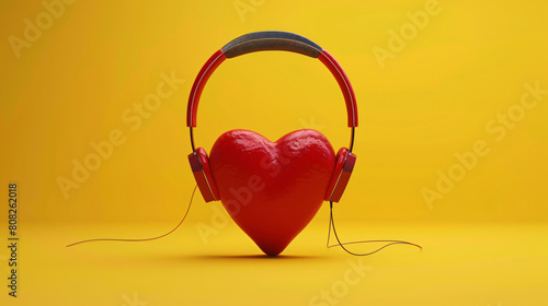 Red heart with headphones on yellow background.