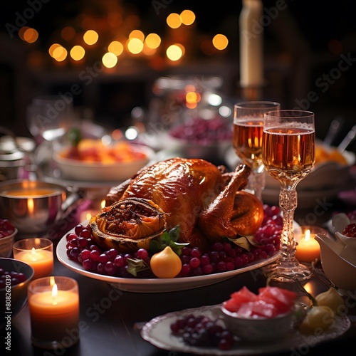 Traditional christmas table setting with roasted turkey, berries, fruits and wine photo