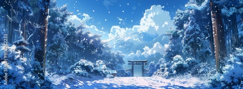 Snowflakes fall gently over a forest path leading to a distant mountain.