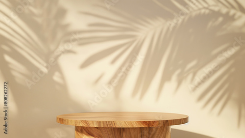 Aesthetic Minimalism: Circle Wooden Podium with Palm Shadow in Cream Background