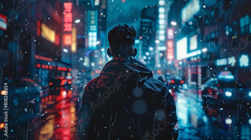Robot in futuristic armor standing in the rain at night with city lights in background. Science fiction and dystopian society concept