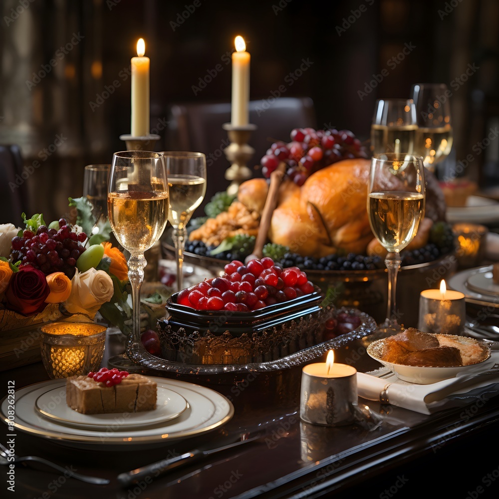 Festive table with glasses of wine and food in a restaurant.