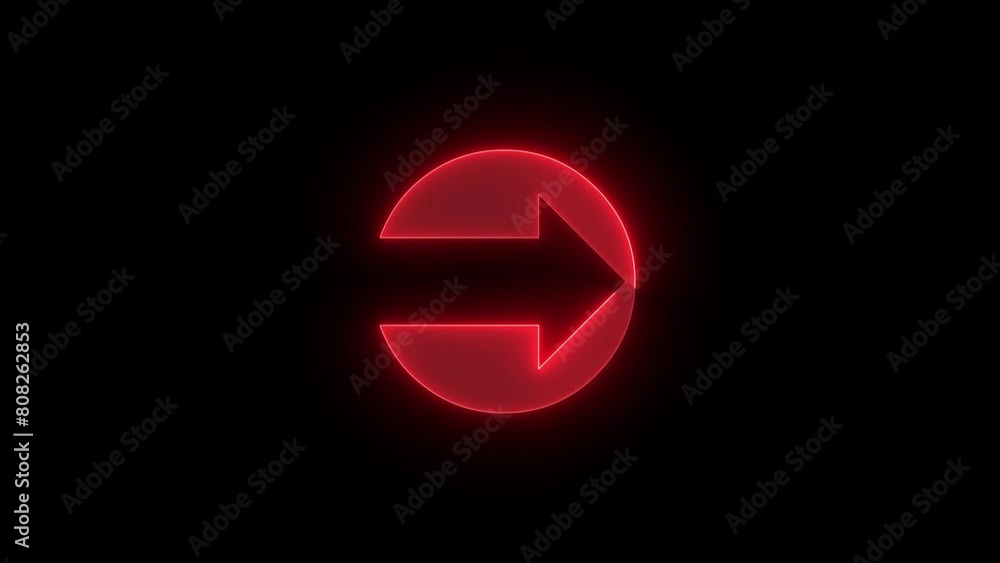 Right arrow direction icon glowing neon red color animation black background Right arrow direction icon glowing neon red color animation black background