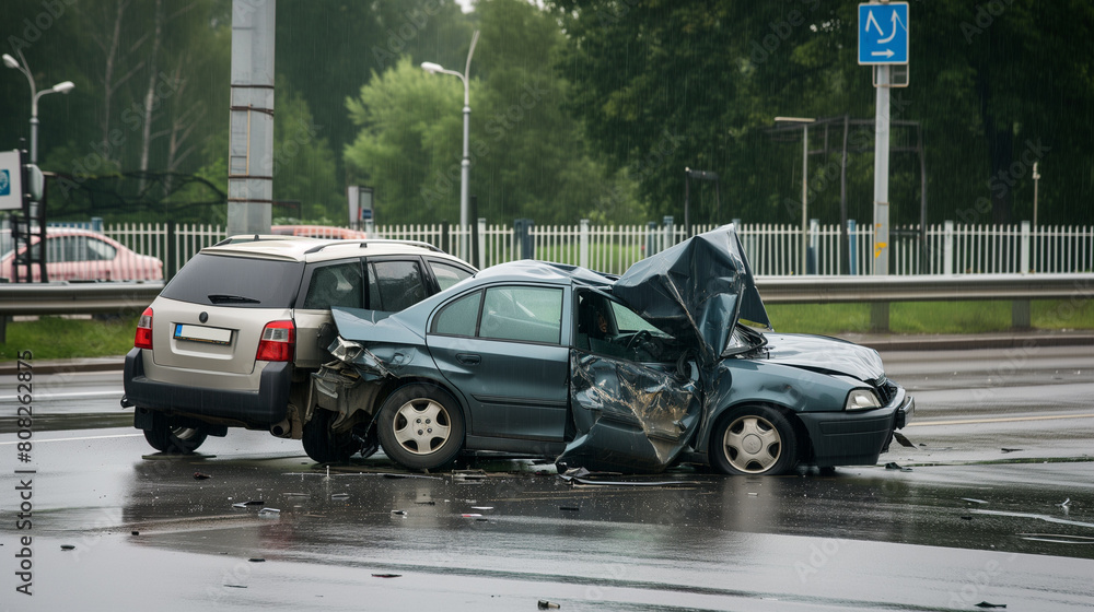 Accident between two cars. Severe damage and torn metal Accident between two cars. Severe damage and torn metal