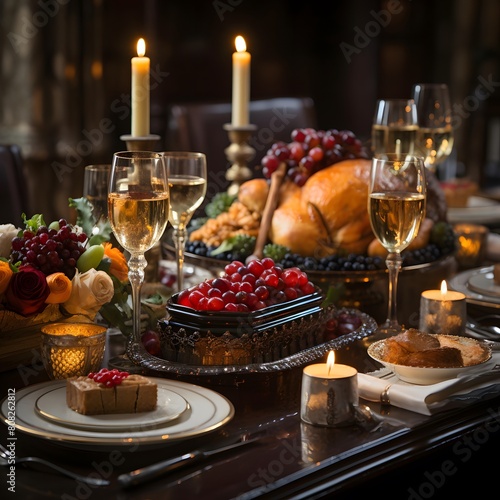 Festive table with glasses of wine and food in a restaurant. © A