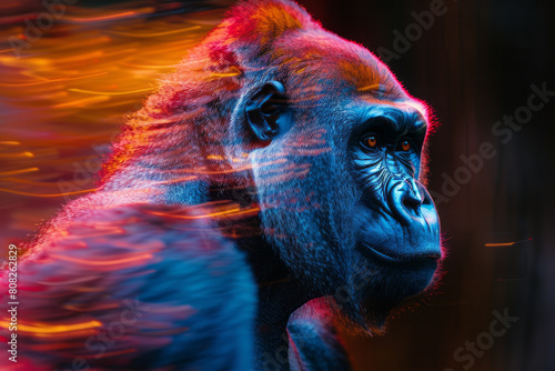A gorilla with a fur pattern that looks like dripping paint, each color blending into the next in a dynamic display,