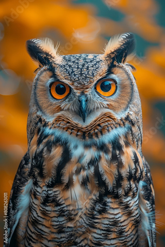 An owl with eyes that spiral deeply, surrounded by feathers that ripple in a multitude of colors and shapes, © Oleksandr