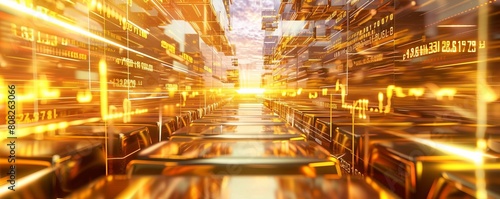 A line of gold bars alongside rolled banknotes on a conveyor belt  symbolizing wealth and global finance in a futuristic setting with golden bokeh lights.