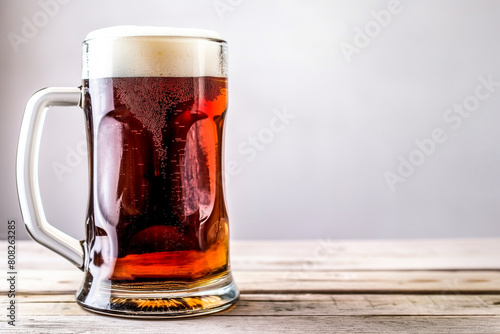 A glass mug of dark beer sits on a wooden table. The beer has a thick head of foam floating on top. The glass has a handle and a spout.