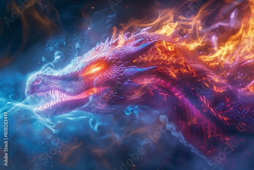 A dragon breathing a fire that is a swirling rainbow of colors, casting a mesmerizing light,