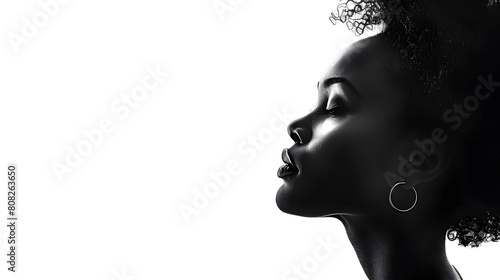 Monochrome photo of happy woman with hoop earrings  in flash photography