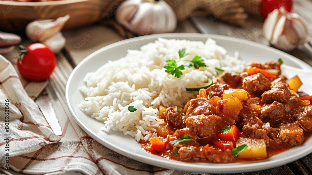 two plates featuring fragrant white rice and flavorful curries, accompanied by international dishes like English-style chicken steaks and hearty goulash, all arranged on a checkered tablecloth. two plates featuring fragrant white rice and flavorful curries, accompanied by international dishes like English-style chicken steaks and hearty goulash, all arranged on a checkered tablecloth.