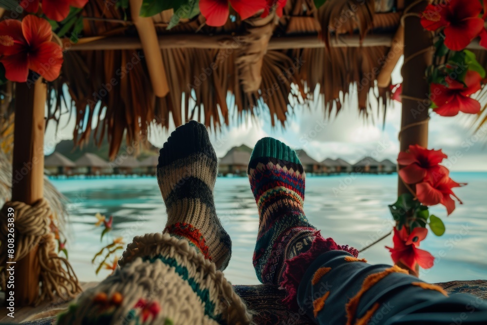 A relaxing tropical scene where feet adorned with vibrant knit socks rest, contrasting against a backdrop of serene ocean and overwater bungalows A relaxing tropical scene where feet adorned with vibrant knit socks rest, contrasting against a backdrop of serene ocean and overwater bungalows