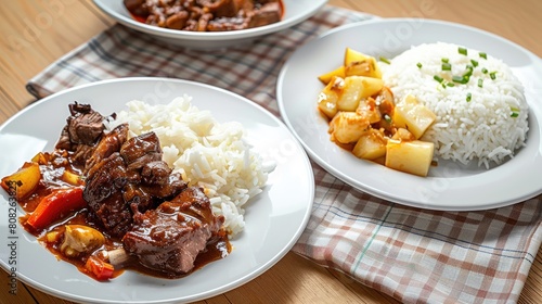 two plates featuring fragrant white rice and flavorful curries, accompanied by international dishes like English-style chicken steaks and hearty goulash, all arranged on a checkered tablecloth.