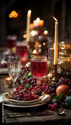 Festive table setting with red wine  grapes and candles. Selective focus