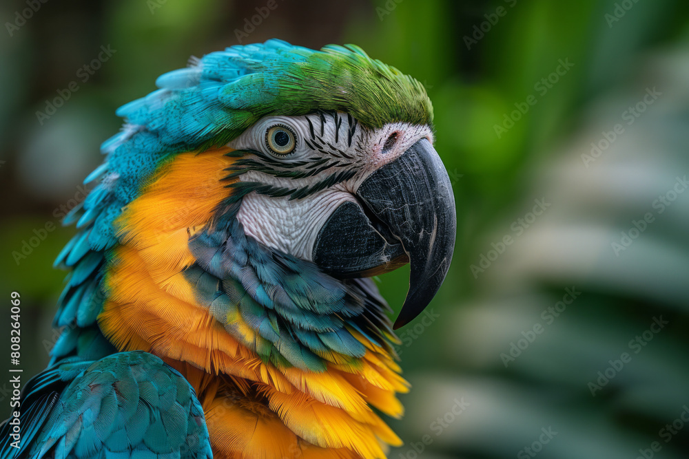 Obraz premium A parrot whose bright feathers echo the vibrant life force of a tropical jungle, full of lush greens and flower hues,