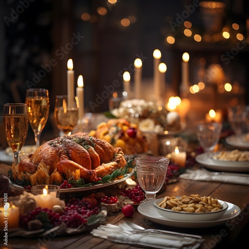 Festive table setting for Christmas and New Year dinner. Traditional food, wine glasses, roasted turkey, nuts and fruits on wooden table.
