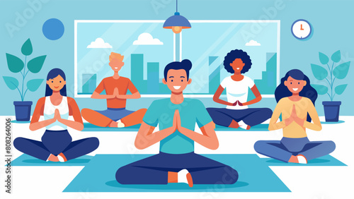The companys annual wellness day includes a group yoga session followed by a guided breathing exercise to help employees relax and destress.. Vector illustration