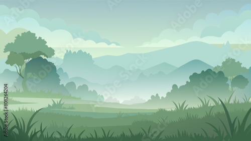 A quiet meadow blanketed in a thick fog representing the tranquility and calmness that can be found within the mind.. Vector illustration