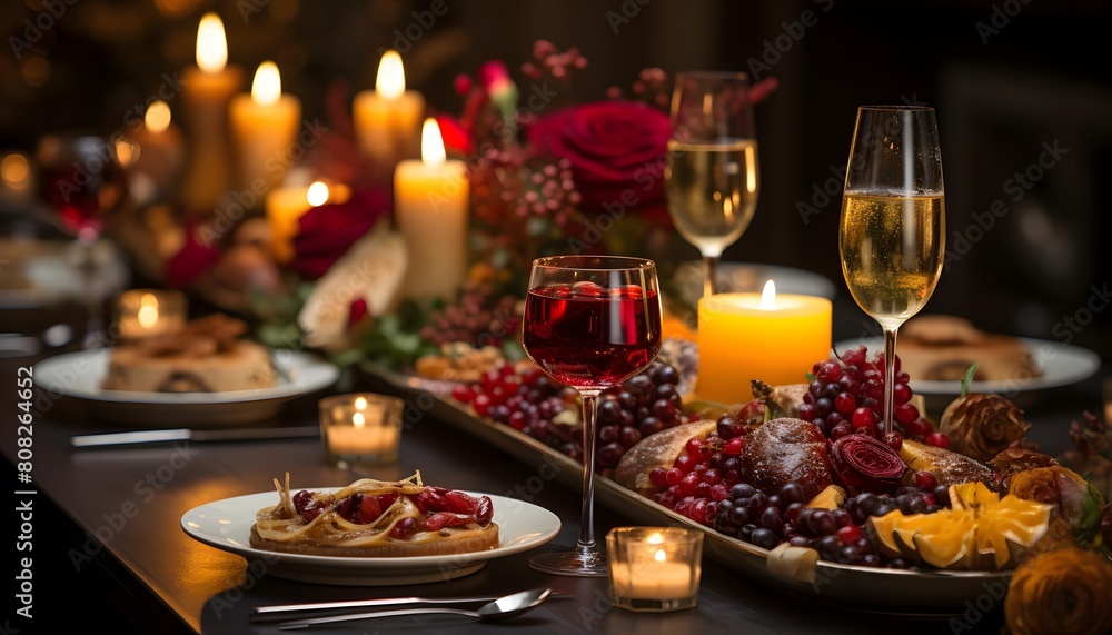 Festive table setting for Valentine's Day dinner. Romantic dinner with wine, cutlery, fruits and flowers. Selective focus.