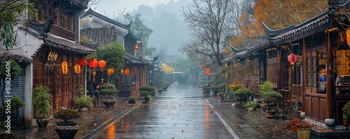 Panoramic view of a rainy Chinese traditional street