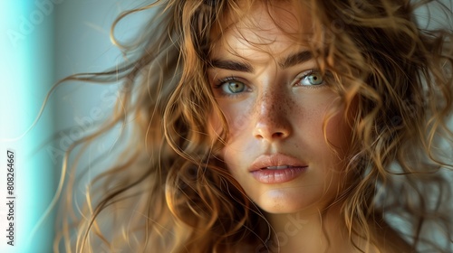 woman freckles face hair curly windblown stunning perfect facial portrait girl clear cute