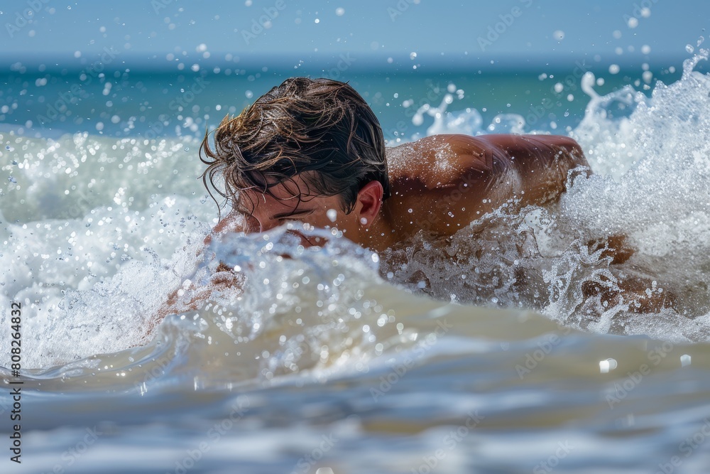 Close-up of a young surfer immersed in the splash of a wave, highlighting the intensity and thrill of surfing