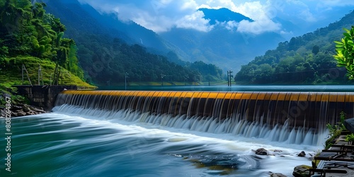 Harmonious blending of hydroelectric dam with peaceful mountain scenery in a continuous stream. Concept Hydroelectric Power  Mountain Scenery  Harmonious Design  Renewable Energy  Nature Conservation
