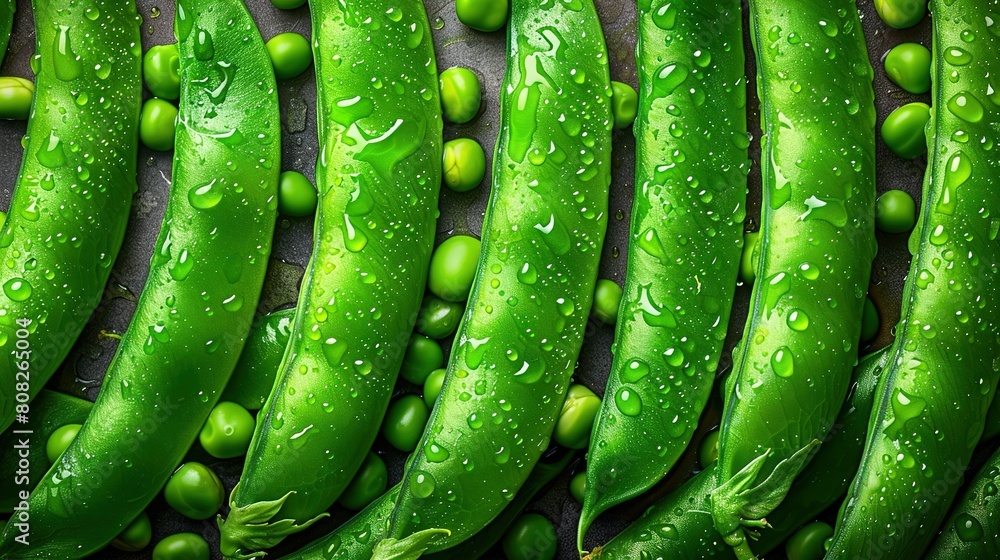 A close-up of peas with water droplets on the pod next to it A close-up of peas with water droplets on the pod next to it