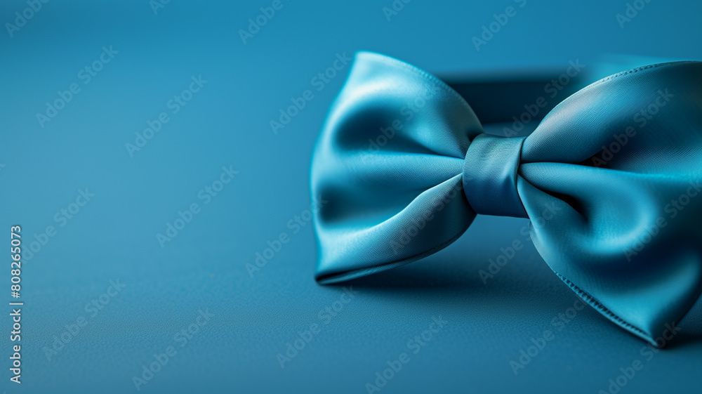 Elegant blue satin bow tie. Close-up of an elegant blue satin bow tie with a smooth texture, displayed on a matching blue background, symbolizing classic style and sophistication. AI generative.. Elegant blue satin bow tie. Close-up of an elegant blue satin bow tie with a smooth texture, displayed on a matching blue background, symbolizing classic style and sophistication. AI generative..