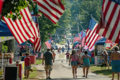 A small-town street lined with American flags, with people walking between vendor booths. 4th of July, american independence day, happy independence day of america , memorial day concept photo