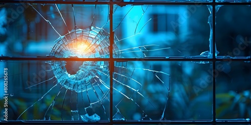 Significance of a broken glass window in indicating vandalism or security breach. Concept Security Breach, Vandalism, Broken Glass Window, Property Damage, Suspicious Activity photo