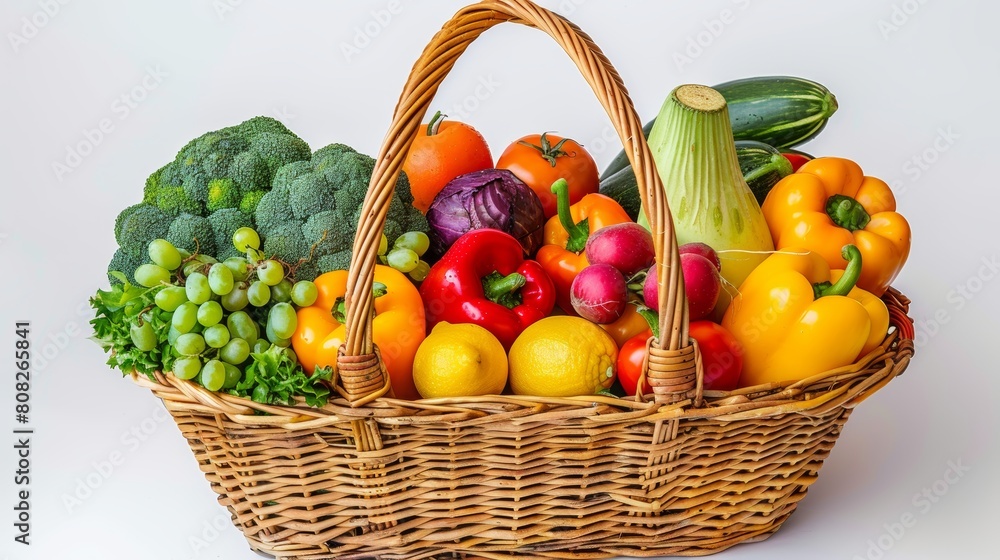 Grocery basket with food choices for sale in supermarket, floating food ingredients Grocery basket with food choices for sale in supermarket, floating food ingredients