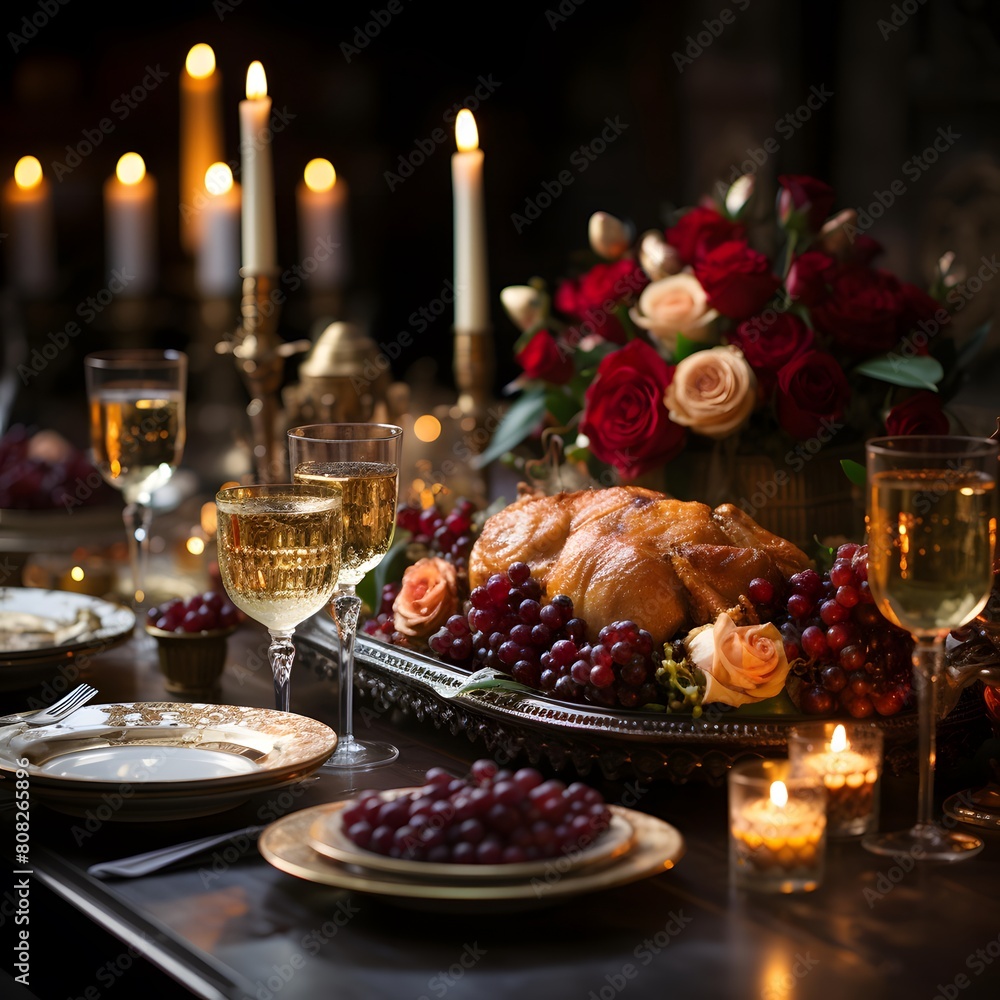 Thanksgiving dinner table with roasted turkey, wine, grapes and candles