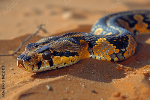 A snake slithering in the desert, its scales turning into the hot sands, camouflaging it from predators, photo