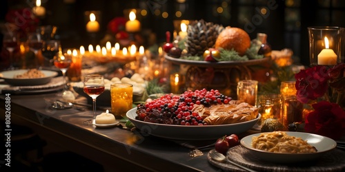 Festive table with food and candles in dark room. Selective focus.
