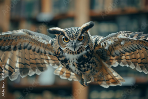 An owl whose feathers transform into pages as it flies over a library, symbolizing the spread of knowledge, photo