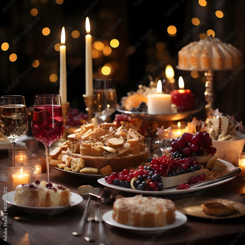 Festive table setting for a holiday dinner. Decorated with candles and confectionery.