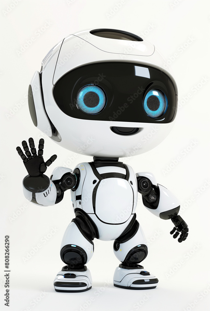 3D rendering of a full body robot waving to the camera with a smiling face, on a white background 3D rendering of a full body robot waving to the camera with a smiling face, on a white background
