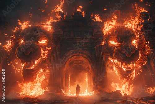 A cerberus with three heads, each a different shade of deep, glowing embers, guarding the gates of a spectral underworld,