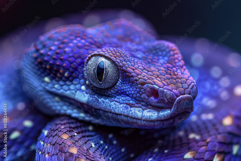 Fototapeta premium A basilisk with a body that spirals into infinity, its eyes hypnotic swirls of deep violet and emerald green,