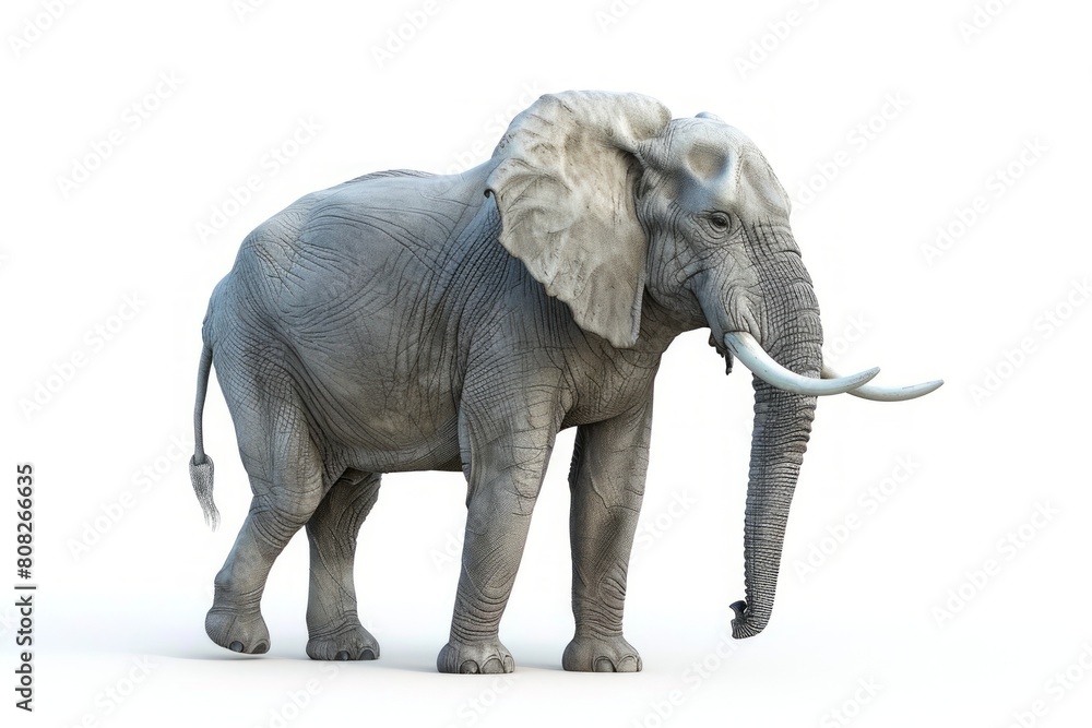 Elephant in realistic detail on a pure white backdrop. Lifelike portrayal of an elephant. Concept of animal study, wildlife, and natural depiction.