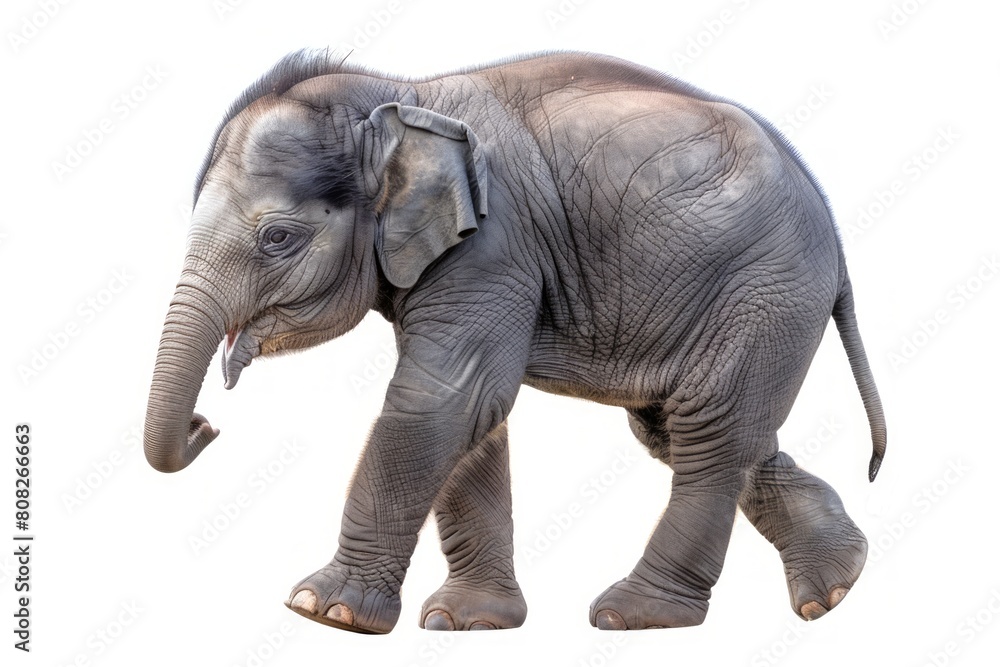 Cute baby elephant on a white background. Realistic elephant figure isolated. Concept of animals, zoology, wildlife education, and conservation awareness.