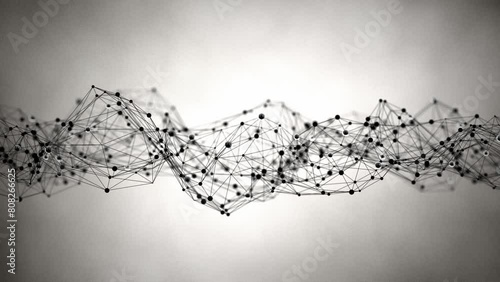 Looped animation of black transforming polygonal plexus dots and glass spheres figure, line ,border,retro sci-fi futuristic minimalistic design, bokeh soft focus, alpha matte isolating