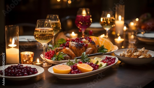 Thanksgiving dinner party with turkey  cranberries  oranges and wine